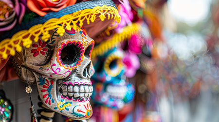 Vibrant, decorative skulls for Day of the Dead. Colorful Dia de los Muertos skull masks on display. Concept of cultural celebration, Mexican tradition, festive, vibrant decor, Halloween.の写真素材