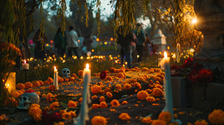 Day of the Dead cemetery at night. Dia de los Muertos graveyard with candles and marigolds. Concept of cultural Mexican tradition, remembrance, and spiritual celebration.の写真素材
