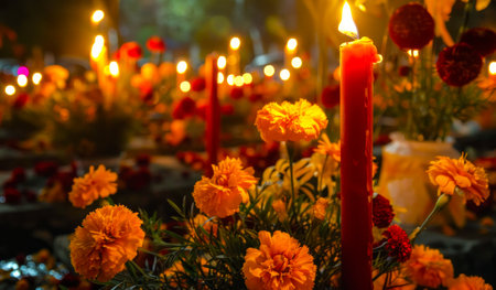 Marigold flowers and candles on cemetery on the Day of the Dead. Lit candles in graveyard setting. Concepts of remembrance, cultural celebration, Traditional Mexican altar Dia de los Muertos.の写真素材
