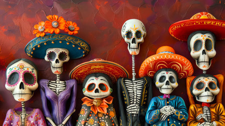 Traditional Mexican family at a colorful Day of the Dead altar. Festive skeletons celebrating Dia de los Muertos. Concept of Mexican culture, family, and celebration. Art.の写真素材