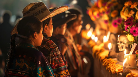 Mexican family celebrating Day of the Dead with altar and candles. Family honoring ancestors with an ofrenda. Concept of tradition, family, cultural heritage, and remembrance.の写真素材