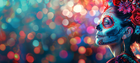 Mexican woman with Day of the Dead skull makeup. Lady with Dia de los Muertos face paint. Concept of...