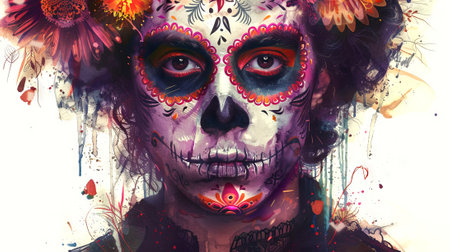 Man with Day of the Dead skull makeup. Male with Dia de los Muertos face paint. Concept of Mexican...