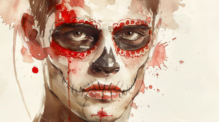 Man with Day of the Dead skull makeup. Male with Dia de los Muertos face paint. Concept of Mexican...