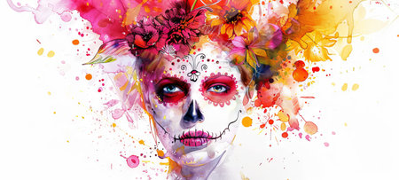 Woman with Day of the Dead skull makeup. Lady with Dia de los Muertos face paint. Concept of Mexican culture, holiday celebration, traditional festival, Halloween. Watercolor art.の写真素材