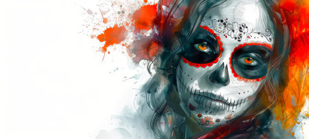 Woman with Day of the Dead skull makeup. Lady with Dia de los Muertos face paint. Concept of Mexican culture, holiday celebration, traditional festival, Halloween. Watercolor art. Copy space.の写真素材