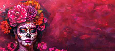 Woman with Day of the Dead skull makeup. Lady with Dia de los Muertos face paint. Textured background. Concept of Mexican culture, holiday celebration, Halloween. Copy space. Banner.の写真素材