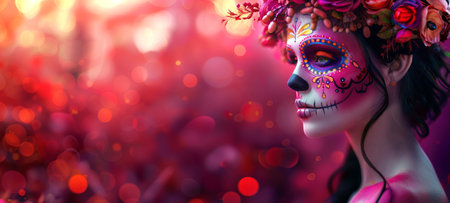 Woman with Day of the Dead skull makeup. Lady with Dia de los Muertos face paint. Concept of Mexican culture, holiday celebration, traditional festival, Halloween. Space for text. Wide banner.の写真素材