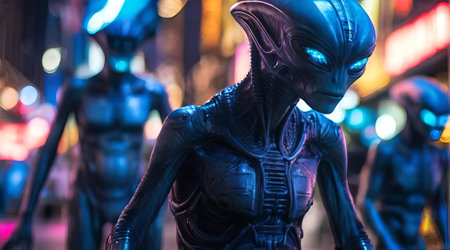 Futuristic aliens with glowing blue eyes in a neon-lit cityscape. Extraterrestrial beings in a vibrant urban setting. Concept of sci-fi, futuristic, extraterrestrial, and neon lights.の写真素材
