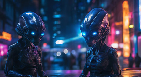 Futuristic aliens with glowing blue eyes in a neon-lit cityscape. Extraterrestrial beings in a vibrant urban setting. Concept of sci-fi, futuristic, extraterrestrial, and neon lights.の写真素材