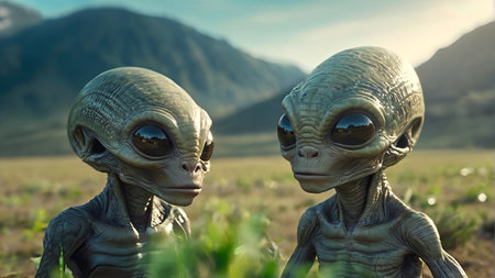 Alien creatures with large eyes in natural landscape. Two extraterrestrial beings. Concept of science fiction, humanoid species, and interplanetary exploration.の写真素材