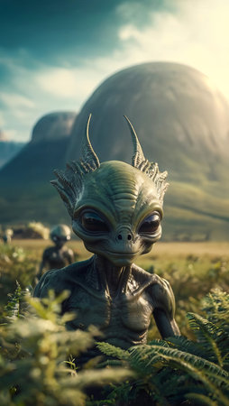 Alien creature with large eyes in extraterrestrial landscape. Extraterrestrial being. Concept of...