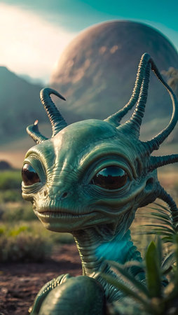 Alien creature with large eyes in extraterrestrial landscape. Extraterrestrial being. Concept of science fiction, humanoid species, and interplanetary exploration. Vertical format.の写真素材