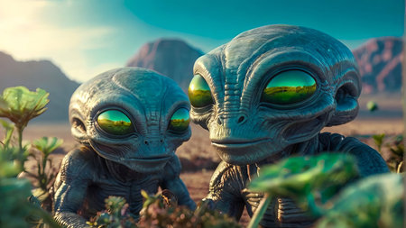 Alien creatures with large eyes in natural landscape. Two extraterrestrial beings. Concept of science fiction, humanoid species, and interplanetary exploration.の写真素材