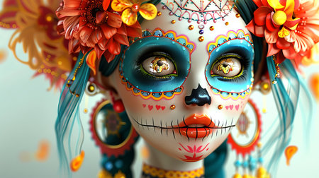 Girl decorated with Day of the Dead makeup. Young lady with intricate face paint. Concept of celebration, tradition, Mexican culture, Halloween, Dia de los Muertos.の写真素材