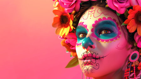 Woman decorated with Day of the Dead makeup on pink backdrop. Female with Dia de los Muertos face paint. Concept of cultural celebration, traditional art, Halloween. Banner. Copy space.の写真素材