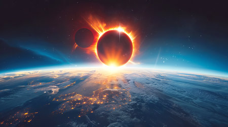 Solar eclipse seen from space with another planet. Celestial event from the orbit with a second planet visible. Concept of astronomy, space exploration, cosmic phenomena, and planetary alignment.の写真素材