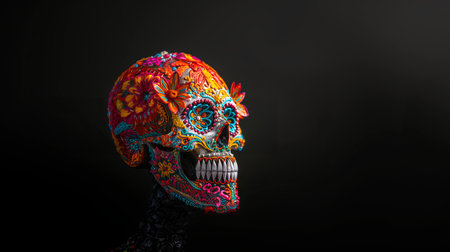 Colorful sugar skull with intricate floral patterns. Vibrant calavera with detailed flower designs. Concept of Day of the Dead, Mexican culture, traditional crafts, Halloween. Banner. Copy space.の写真素材