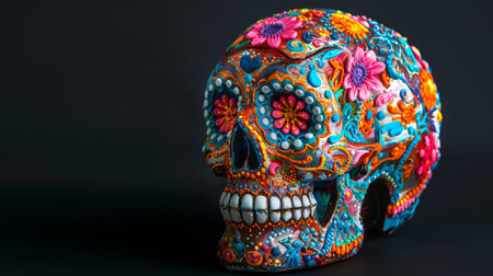 Colorful sugar skull with intricate floral patterns. Vibrant calavera with flower designs. Concept of Day of the Dead, Mexican culture, traditional crafts, Halloween. Banner. Copy space.の写真素材