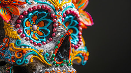 Colorful sugar skull close up with floral patterns. Vibrant calavera with flower designs. Concept of...