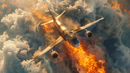 Airplane engulfed in flames descending in cloudy sky. Aircraft on fire falling through the clouds. Concept of disaster, aviation accident, emergency situation. Burning plane.の写真素材