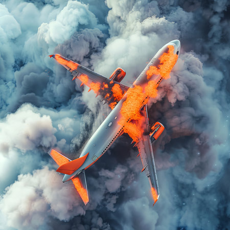 Airplane engulfed in flames descending in cloudy sky. Aircraft on fire falling through the clouds. Concept of aviation accident, emergency situation, danger. Burning plane.の写真素材