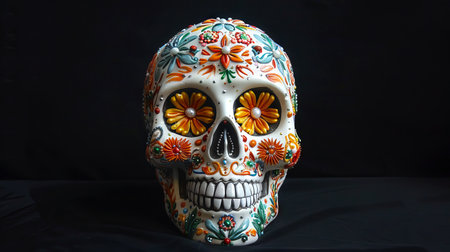 Colorful sugar skull with floral patterns isolated on dark backdrop. Vibrant calavera with flower...