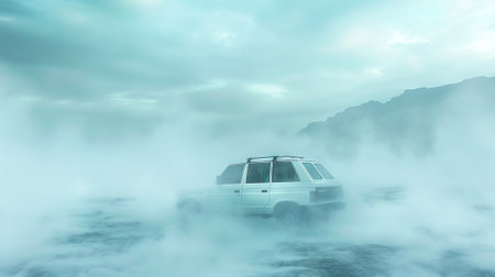 White SUV in foggy mountainous landscape. Light-colored vehicle amidst thick mist in a mountain setting. Concept of adventure, exploration, nature, off-road travel.の写真素材
