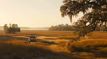 White SUV on a road in savannah landscape. Light-colored vehicle driving fast in natural setting....