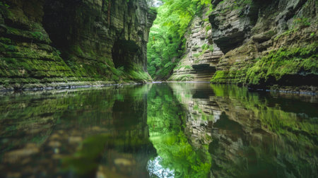Serene canyon mirrored in a tranquil river with lush greenery. Calm gorge reflected in clear water...