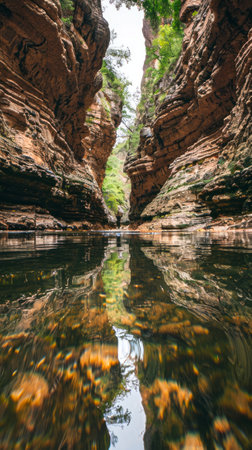 Serene canyon mirrored in a tranquil river with lush greenery. Calm gorge reflected in clear water...