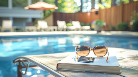 Sunglasses and a book by a swimming pool. Eyewear and reading material beside a pool. Concept of...