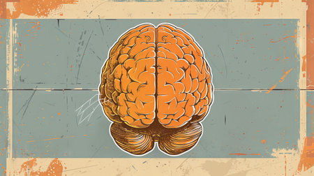 Grunge style illustration depicting a human brain, featuring intricate details and a distressed aesthetic. perfect for technology and science-themed designs, educational materials, and creative artworks. ideal for posters, prints, and digital contents.の写真素材