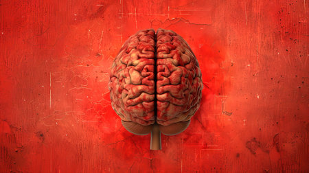 Human brain on a grunge red textured backdrop. Concept of psychology, neuroscience, mental health,...