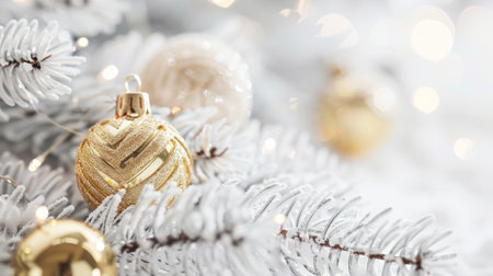 Golden Christmas ornaments on snowy fir branches. Festive gold decorations. Concept of Christmas, New Year, holiday celebration, festive decor, winter season. Banner. Copy space.の写真素材