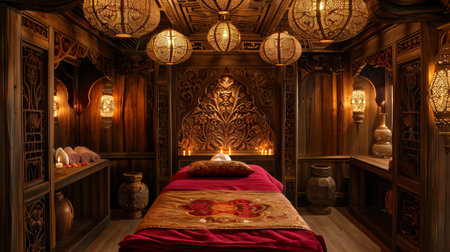 Ornate Thai massage room with detailed wood carvings and luxurious decor. Richly decorated spa interior. Concept of luxury spa experiences, relaxation, wellnessの写真素材