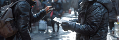 Person handing an advertising flyer to another in a busy urban setting. Exchange of promotional...