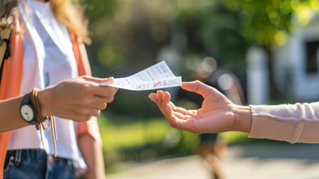 Person handing a political flyer to another. Volunteer handing out pamphlets. Concept of political advocacy, grassroots campaigning, electionsの写真素材
