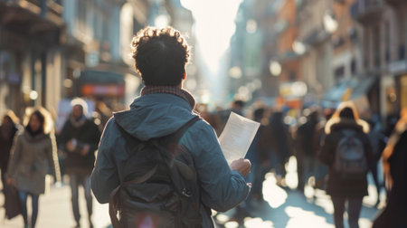 Caucasian man distributing flyers on a busy urban street. Male volunteer handing out pamphlets to...