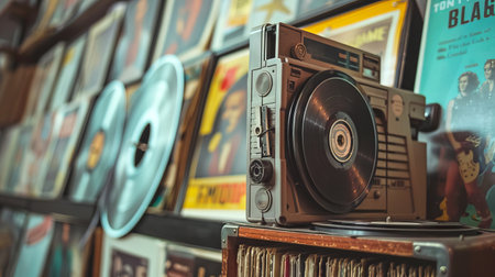 Retro Music Player in Vintage Record Store with Classic Albums. Concept of retro cassette tape player, music memorabilia, historical soundtracks, and cultural nostalgia.の写真素材