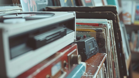Vintage Vinyl Records and Classic Cassette Tapes in a Cozy Music Store. Concept of retro cassette tape player, music memorabilia, historical soundtracks, and cultural nostalgia.の写真素材