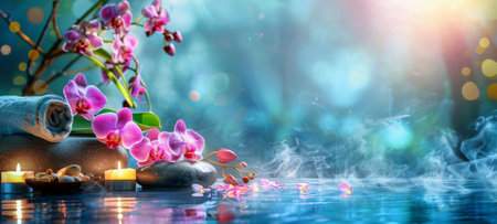 Elegant spa design with orchids, towels, and soft candlelight. Luxurious relaxation space. Concept...