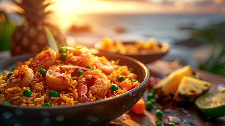 Thai fried rice with prawns served in bowl on beach table. Seaside dining at sunset. Concept of tropical cuisine, romantic dinner, Asian cuisine, Thai traditional dish, culinary.の写真素材