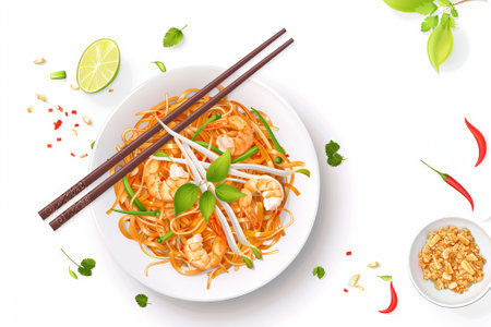 Pad Thai with tofu, noodles, and vegetables in a bowl. Traditional Thai dish. Concept of healthy eating, vegetarian cuisine, Asian culinary tradition. Digital illustration isolated on white backgroundの写真素材