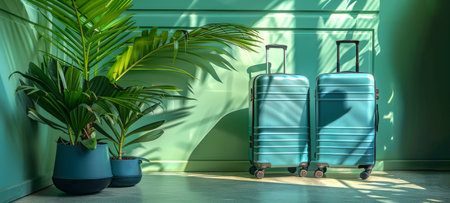 Turquoise suitcases on blue background with tropical palm leaves. Travel luggage ready for holiday....