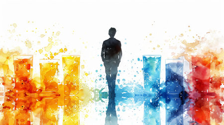 Watercolor art of a young man among colorful cocktail glasses. Surreal and artistic beverage scene. Concept of fantasy, vibrant social life, relaxation, lifestyle, leisure, vacation, parties.の写真素材