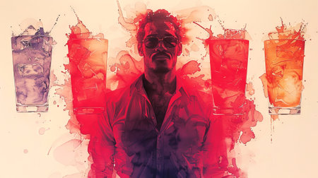 Watercolor artwork of a young man among colorful cocktail glasses. Surreal and artistic beverage...