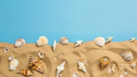 Seashells on a beach setting. Artistic coastal display. Concept of seashore collection, marine...