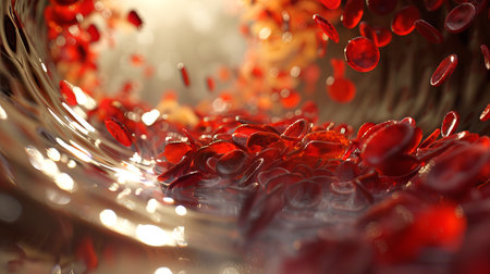 Close-up illustration of blood cells in motion in a blood vessel. Visual representation of blood flow in the human body. Concept of medical illustration, cardiovascular system, and health education.の写真素材