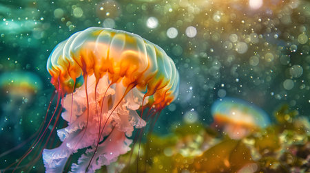 Illuminated jellyfish in a sunlit underwater scene. Glowing aquatic depiction. Concept of deep-sea beauty, marine life, and radiant ecosystems.の写真素材